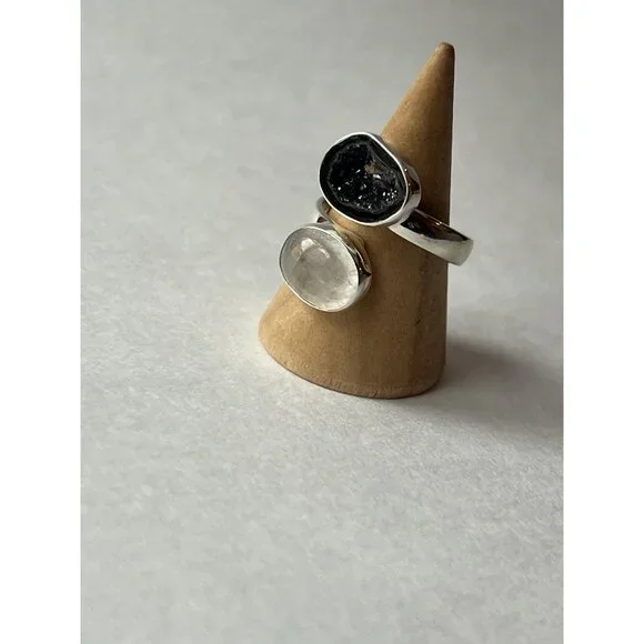 Geode & Clear Quartz Ring 925 Sterling Silver, Size 7 Adjustable - Picture 4 of 15